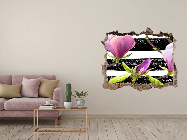 Pegatina de vinilo agujero 3d para pared Flores sobre un fondo rayado