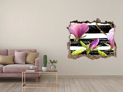 Pegatina de vinilo agujero 3d para pared Flores sobre un fondo rayado