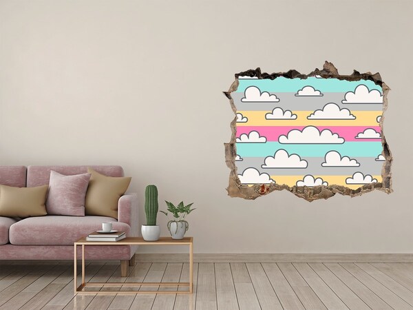 Vinilo pared rota 3d efecto realista Nubes de colores sobre un fondo rayado