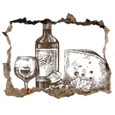 Naklejka 3D dziura samoprzylepna Wino i ser na tle zniszczonej ściany