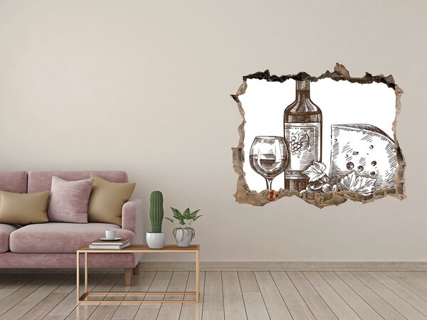 Pegatina agujero en la pared autoadhesiva Vino y queso con el telón de fondo de una pared dañada