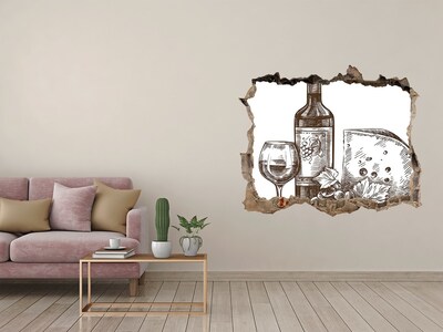 Pegatina agujero en la pared autoadhesiva Vino y queso con el telón de fondo de una pared dañada