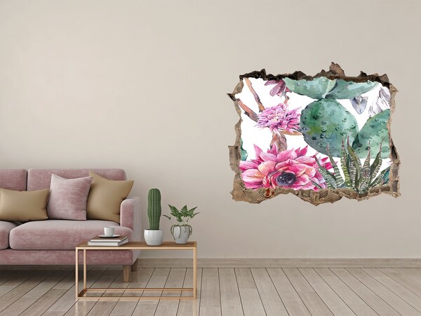 Vinilo pared rota 3d efecto realista Un oasis floral detrás del muro