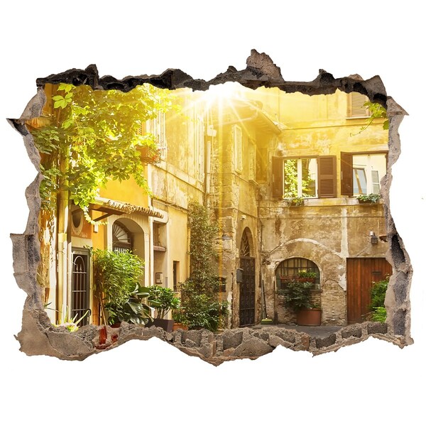 Trampantojo de pared rota efecto profundidad Un patio encantador en un pueblo soleado