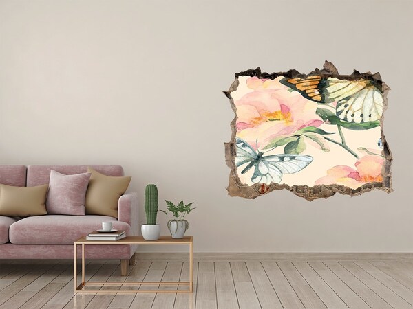 Pegatina de vinilo agujero 3d para pared Un paraíso floral con mariposas