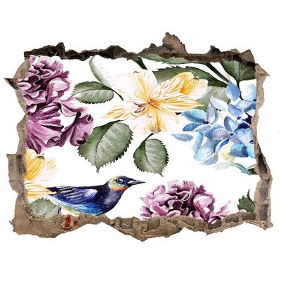 Vinilo pared rota 3d efecto realista Paraíso de flores con un pájaro