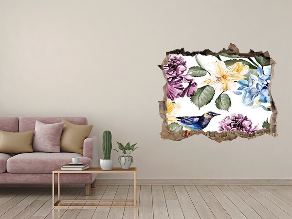 Vinilo pared rota 3d efecto realista Paraíso de flores con un pájaro