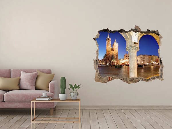 Pegatina de vinilo agujero 3d para pared La plaza del mercado principal de Cracovia de noche