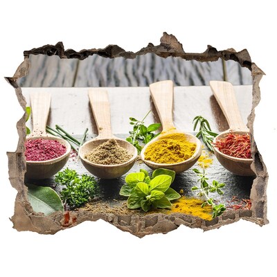 Naklejka 3D dziura na ścianę Kuchenne przyprawy w drewnianych łyżkach