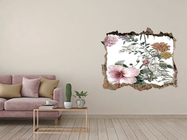 Vinilo pared rota 3d efecto realista Jardín de flores a través de un agujero en la pared