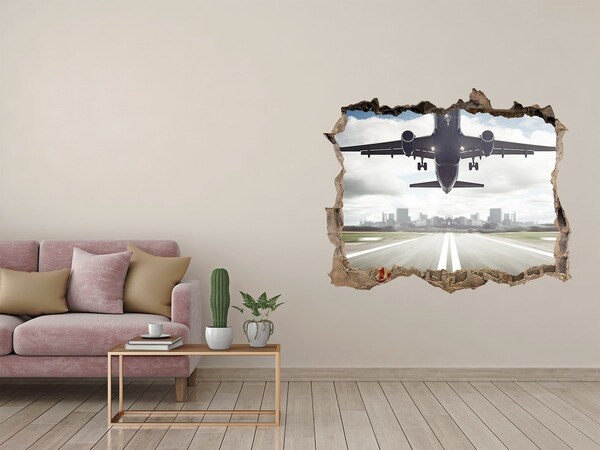Vinilo pared rota 3d efecto realista Avión aterrizando en la ciudad