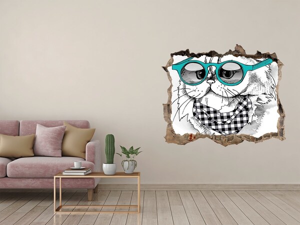 Vinilo pared rota 3d efecto realista Gato elegante con gafas