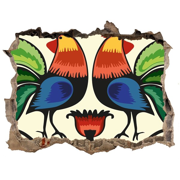 Dziura 3d fototapeta na ścianę Kolorowe koguty na tle ściany