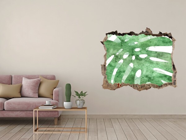 Vinilo pared rota 3d efecto realista Hoja verde en una pared dañada