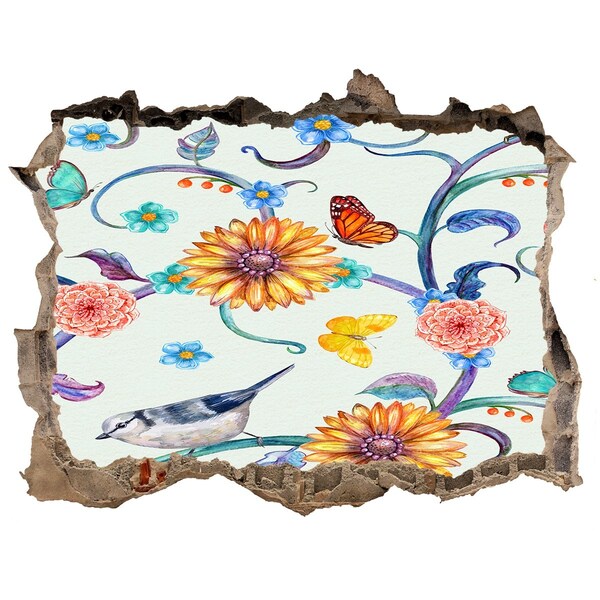 Vinilo pared rota 3d efecto realista Un paraíso de flores detrás del agujero