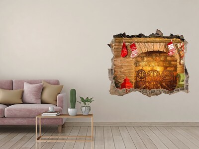 Vinilo pared rota 3d efecto realista Una chimenea con ambiente navideño
