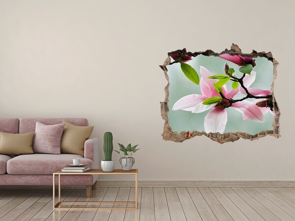 Pegatina de vinilo agujero 3d para pared Flores de magnolia en una pared dañada