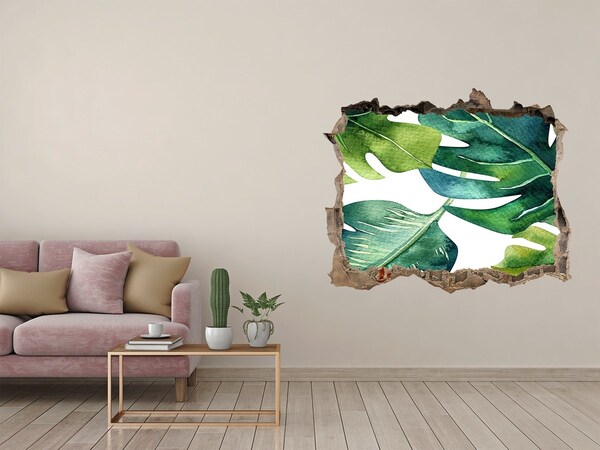 Vinilo pared rota 3d efecto realista Hojas tropicales verdes en una pared dañada