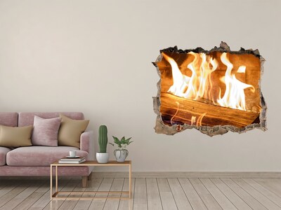 Vinilo pared rota 3d efecto realista Chimenea encendida
