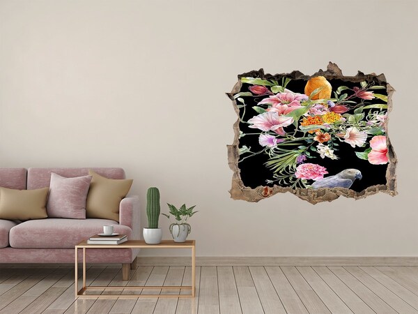 Pegatina de vinilo agujero 3d para pared Paraíso floral con un loro