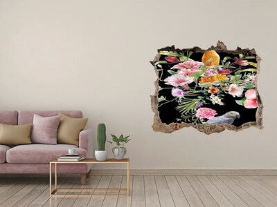 Pegatina de vinilo agujero 3d para pared Paraíso floral con un loro