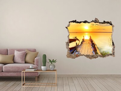 Vinilo pared rota 3d efecto realista Puesta de sol sobre el lago
