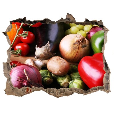 Vinilo pared rota 3d efecto realista Frutas y verduras en un agujero en la pared