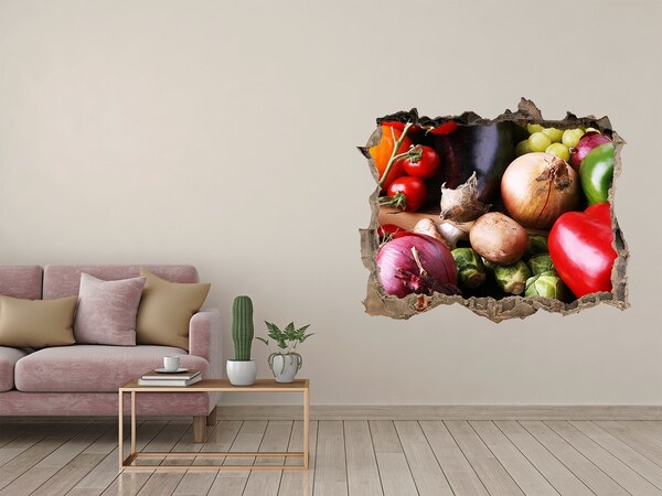Vinilo pared rota 3d efecto realista Frutas y verduras en un agujero en la pared