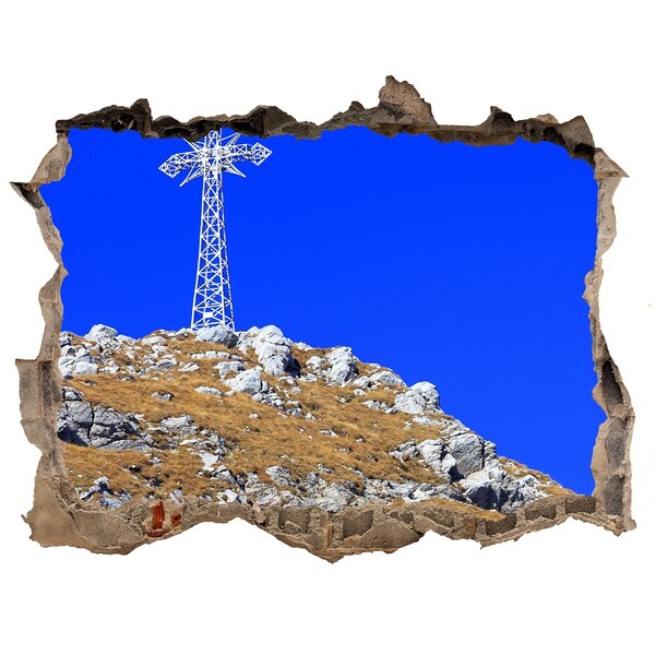 Trampantojo de pared rota efecto profundidad Paisaje de montaña a través de un agujero en la pared