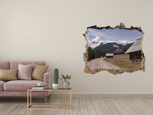 Vinilo pared rota 3d efecto realista Paisaje de montaña con cabañas