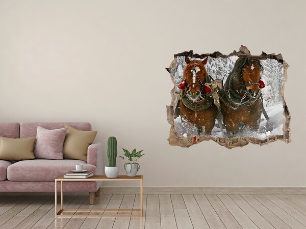 Vinilo pared rota 3d efecto realista Viaje de invierno con caballos