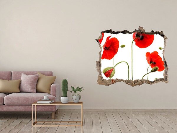 Vinilo pared rota 3d efecto realista Flores de amapola en un agujero en la pared