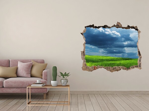 Pegatina de vinilo agujero 3d para pared Prado verde bajo las nubes