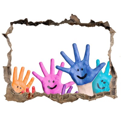 Vinilo pared rota 3d efecto realista Manos alegres sobre el fondo de hormigón