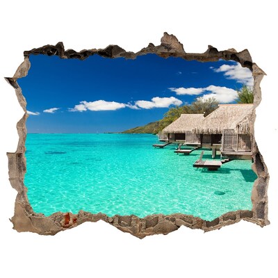 Vinilo pared rota 3d efecto realista Laguna Paraíso entre los Bungalows
