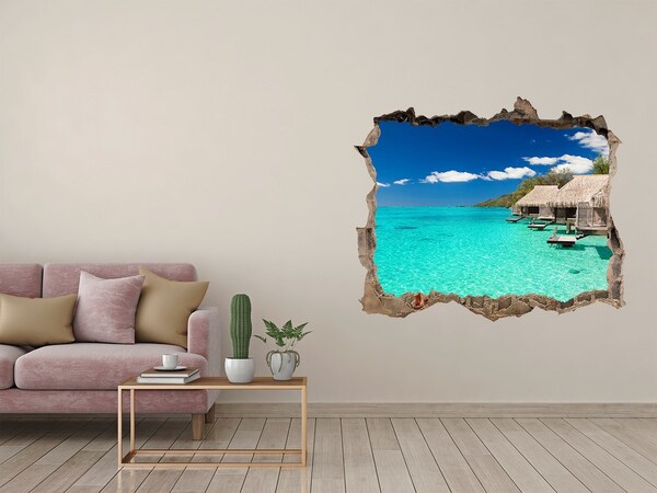Vinilo pared rota 3d efecto realista Laguna Paraíso entre los Bungalows