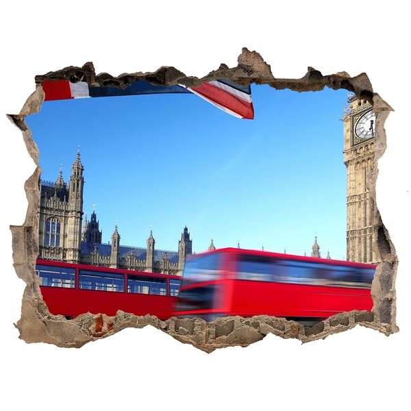 Vinilo pared rota 3d efecto realista Horizonte de Londres con un autobús rojo