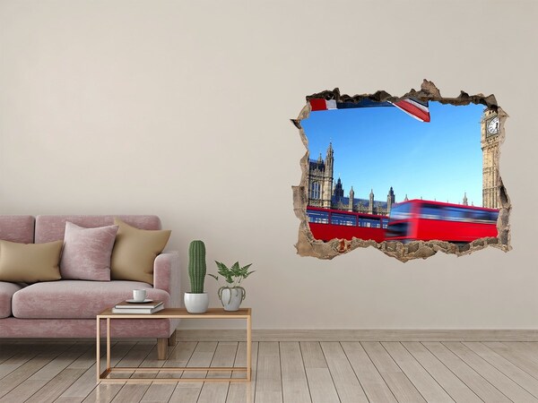Vinilo pared rota 3d efecto realista Horizonte de Londres con un autobús rojo