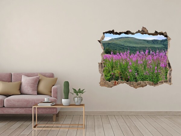 Vinilo pared rota 3d efecto realista Paisaje floral en las montañas
