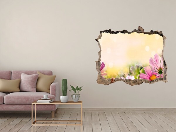 Pegatina de vinilo agujero 3d para pared Un paisaje floral detrás de un agujero en la pared