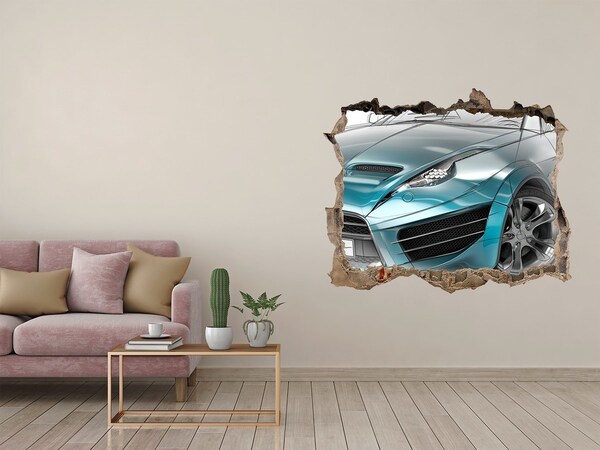 Vinilo pared rota 3d efecto realista Un coche deportivo en un agujero en la pared
