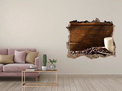 Vinilo pared rota 3d efecto realista Café y granos sobre un fondo de madera