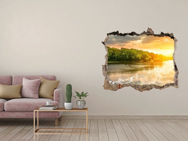 Pegatina de vinilo agujero 3d para pared Puesta de sol sobre el río