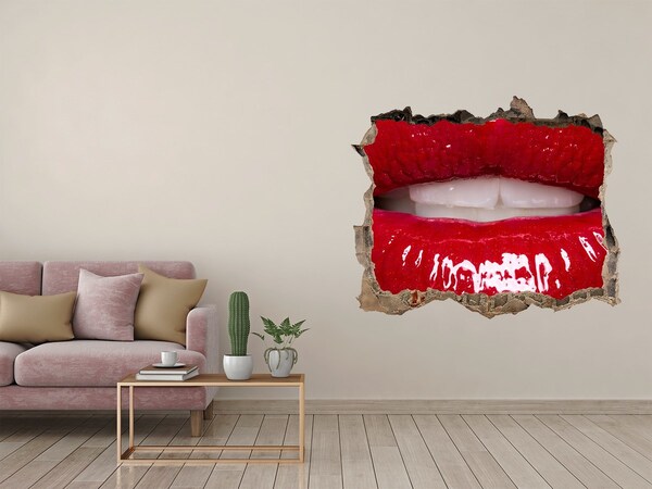 Pegatina de vinilo agujero 3d para pared Labios rojos en un agujero en la pared