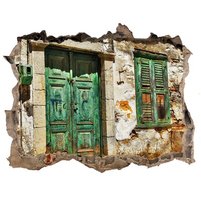 Vinilo pared rota 3d efecto realista Puerta verde en las ruinas