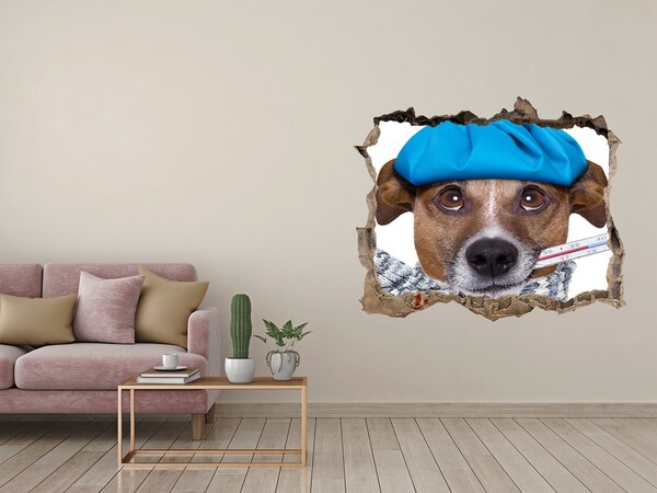 Vinilo pared rota 3d efecto realista Perro enfermo con sombrero