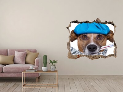 Vinilo pared rota 3d efecto realista Perro enfermo con sombrero