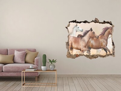 Pegatina de vinilo agujero 3d para pared Caballos al galope en la naturaleza