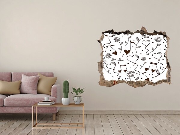 Trampantojo de pared rota efecto profundidad Corazones y rosas musicales