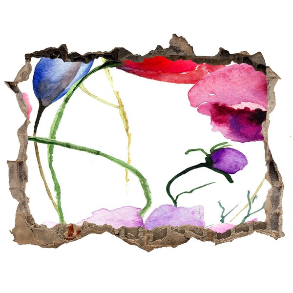 Vinilo pared rota 3d efecto realista Paisaje de flores a través de un agujero en la pared